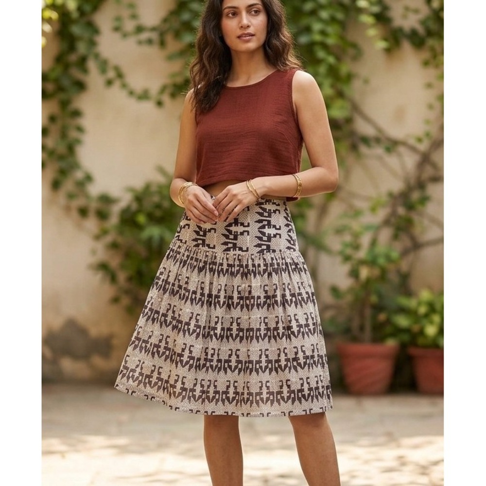 Layla Brooklyn S Indian Block Print Cotton Wide Yoke Skirt Brown & Cream Boho